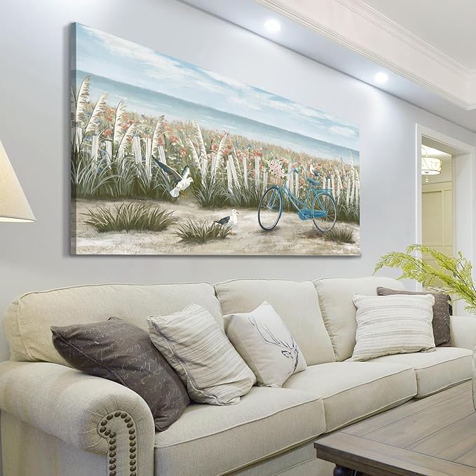 Large Wall Art for Living Room Boho Ocean Beach Canvas Print Coastal Vintage Wildflower Daisy Flowers Landscape Seaside Blue Bicycle Seagull Seascape Artwork for Seashore Farmhouse Bedroom 60x30inch