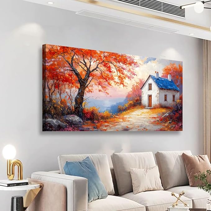 Autumn Scenery Canvas Wall Art Bedroom Wall Decor Living Room,Abstract Wall Art Office Paintings Artwork Modern Abstract Village House Red Tree Pictures Art Prints Ready to Hang-20x40inch