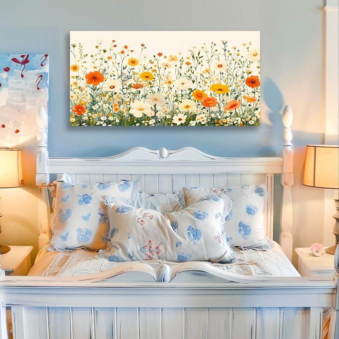 KZKU Floral Canvas Wall Art Orange and White Wildflowers Modern Botanical Print Watercolor style Flower Picture for Bedroom Living Room Artwork Home Wall Decoration