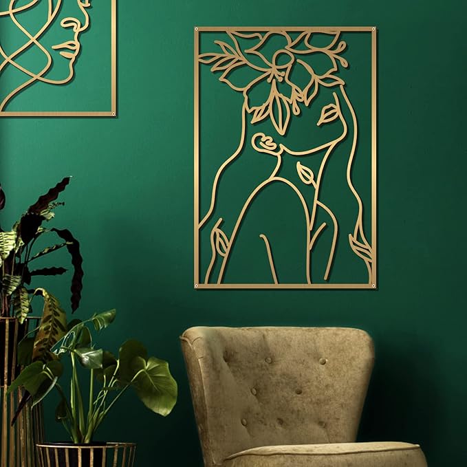 Glamativity 4 Pack Gold Wall Art Decor, Female Flower Face Lover Minimalist Décor Single Line Art Wall Décor, Real Metal Wall Art, Woman's Body Shape Abstract Wall Art, for Kitchen Bedroom Living Room (Gold Floral Lady Style, M Size 17 x 11.8'')