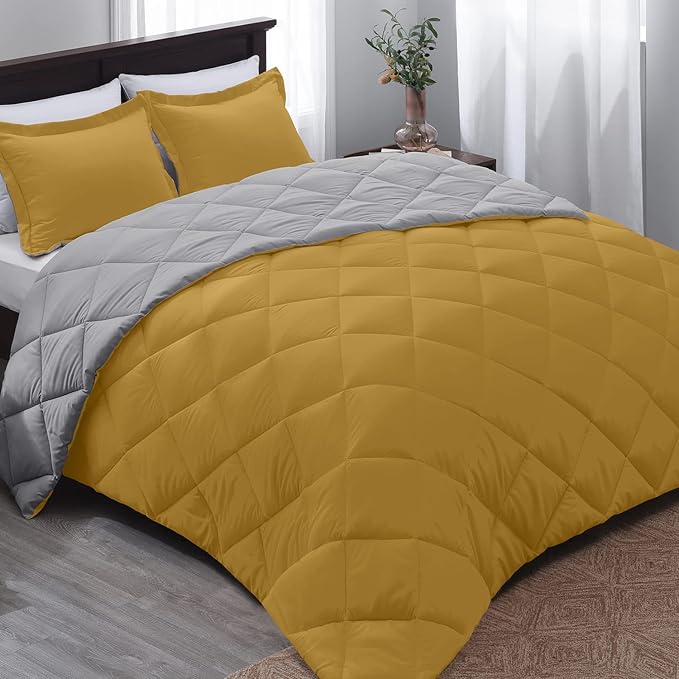 Basic Beyond King Size Comforter Set - Reversible King Bed Comforter Set for All Seasons, Ochre/Grey, 1 Comforter (104"x92") and 2 Pillow Shams (20"x36"+2")