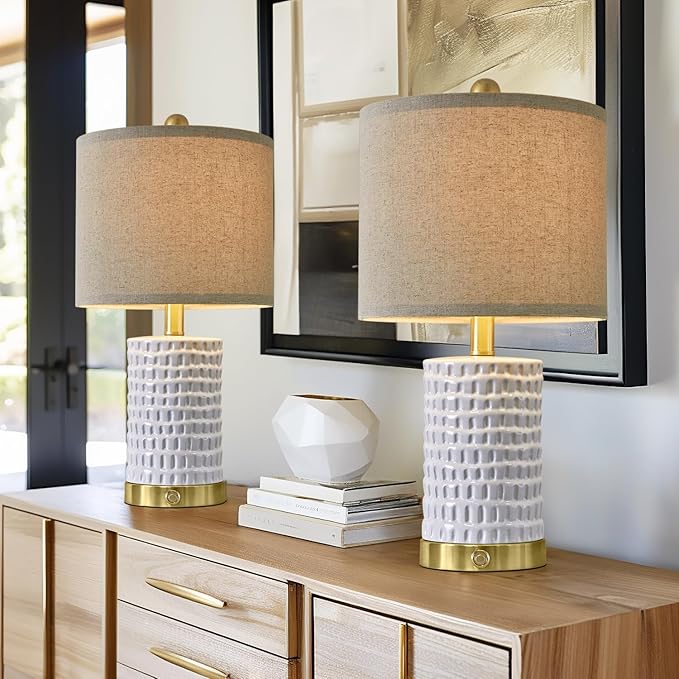 PORTRES 19" Farmhouse 3-Way Dimmable Touch Ceramic Table Lamp Set of 2 White Bedside Lamps for Bedroom Lamps for Living Room Nightstand Lamp End Table lamps with USB A+C Charging Ports(Bulbs Included)