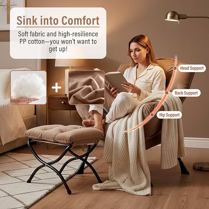 Lazy Chair with Ottoman, Modern Chair with Folding Footrest, Lounge Accent Chair, Comfortable Reading Chair, Oversized Armchairs for Bedroom, Study, Living Room, Courtyard (Khaki)