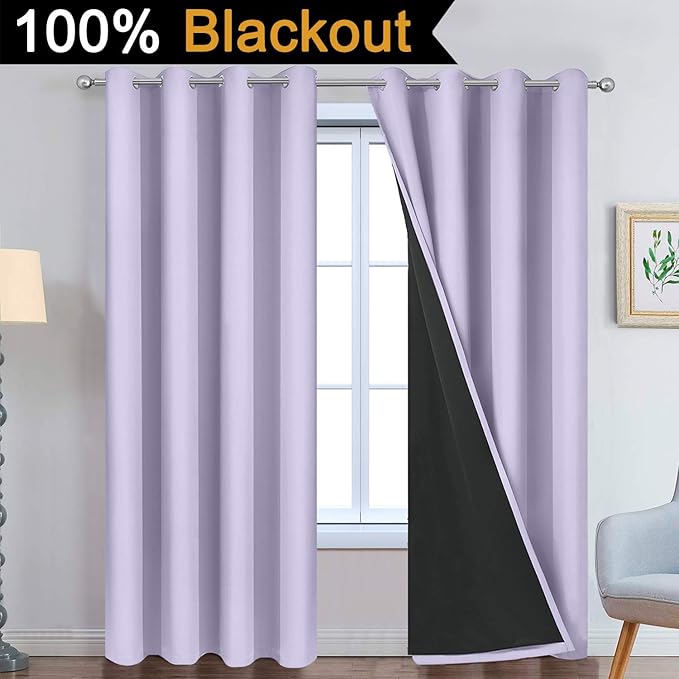 Yakamok 2 Thick Layers Completely Blackout Window Treatment Thermal Insulated Soundproof Drapes for Girl's Bedroom(52Wx96L, Lilac, 2 Panels)