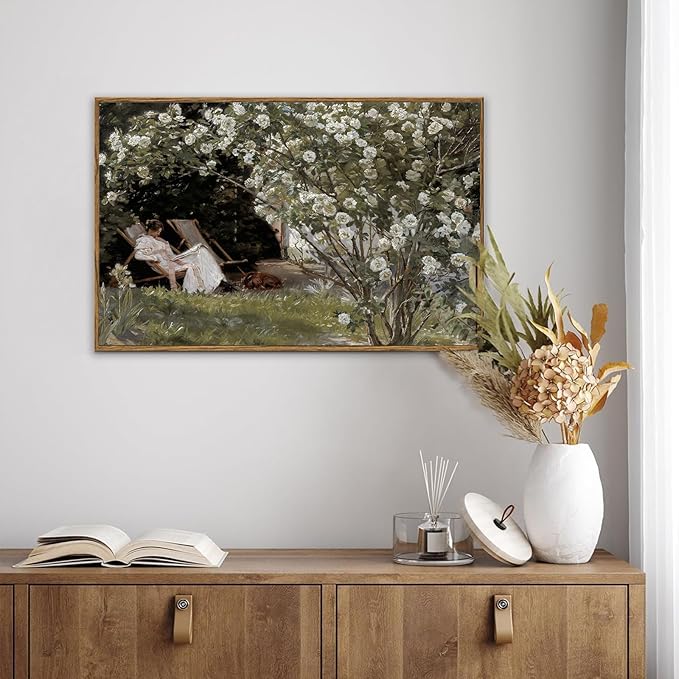 KBKBART Framed Vintage Canvas Wall Art, Retro French Country Garden Women Flower Classical Painting Bedroom Art Print, Rustic Vintage Wall Decor Ready To Hang for Bathroom, Living Room, Office,