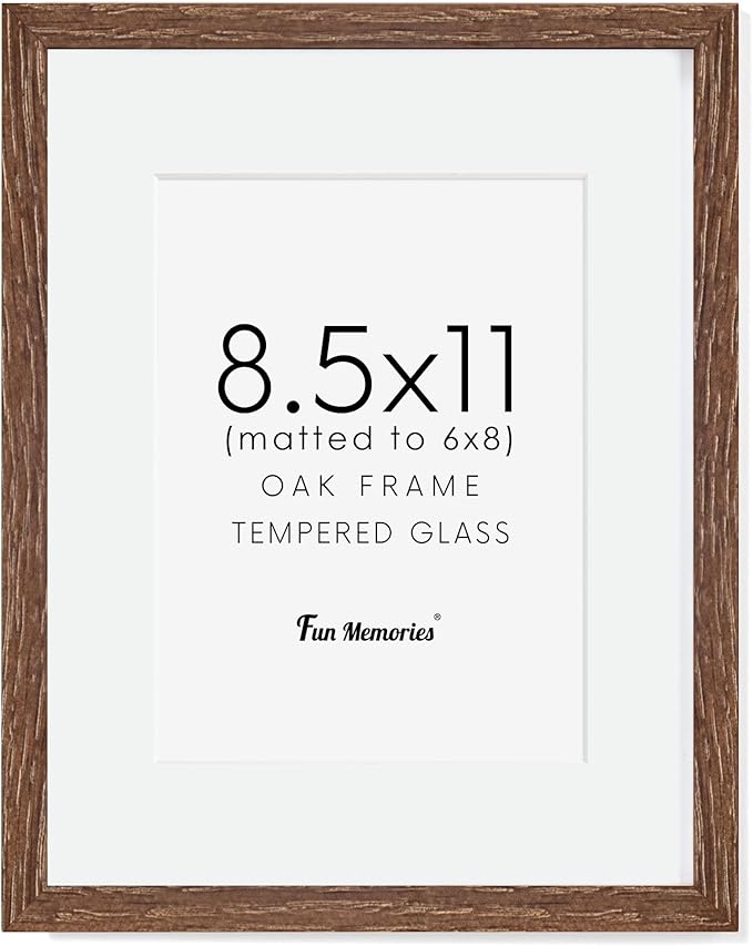 Picture Frame 8.5x11, Natural Oak Wood 8.5 x 11 Photo Frame, 8.5 by 11 Frame for Wall, 8.5x11 Picture Frame with Mat for 6x8, Tempered Real Glass, Walnut Color, Set of 1