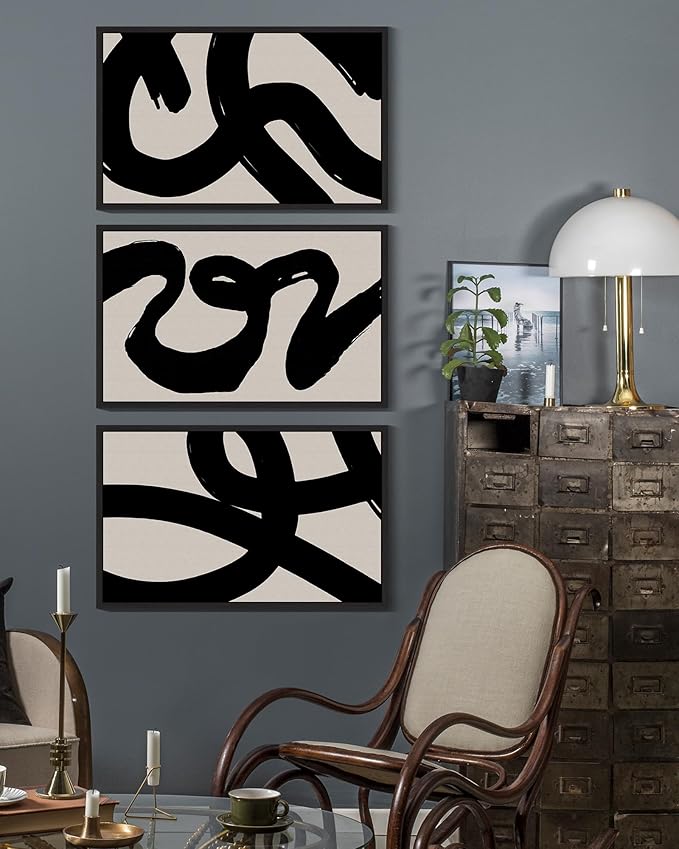 KUVIOKE Black Abstract Framed Wall Art Ink Wash Minimalist Lines Painting Artwork for Bedroom Living Room Hallway Decor Ready to Hang 16x24in (Black Framed)