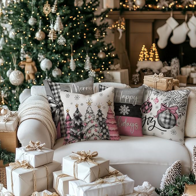 GEEORY Christmas Throw Pillow Covers 16 x 16 Inch Set of 4, Xmas Trees Merry and Bright Happy Holidays Farmhouse Decorative Cushion Cases for Home Decoration G596-16