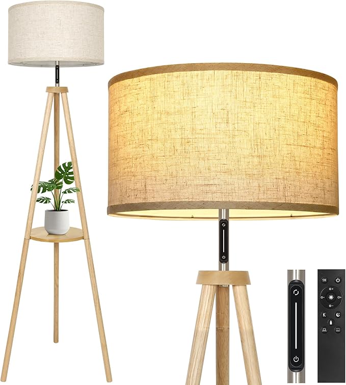 OUTON Wood Tripod Floor Lamp with Shelves, Mid Century LED Modern Dimmable Floor Lamp with Remote Control, Sturdy Tall Standing Lamp with Beige Lamp Shade for Living Room, Bedroom, Office