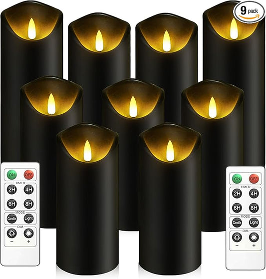 Flickering Flameless Candles, Battery Operated Acrylic LED Pillar Candles with Remote Control and Timer, Set of 9 (Black)
