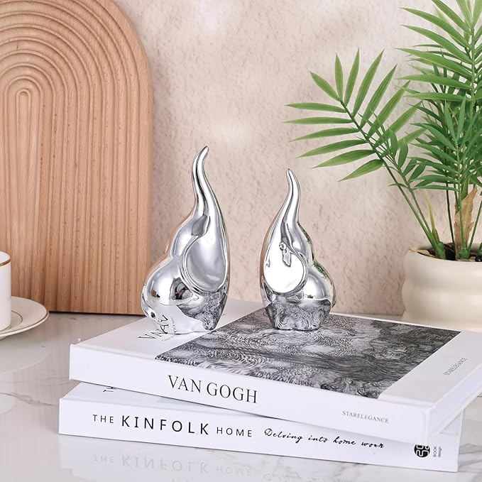Ceramic Elephant Figurines with Trunk Up, Pair Couples Loving Statue, Small Figurines Sculpture African Home Decor, Valentine Elephants Gifts for Women, Wedding Knick Knacks(Silver