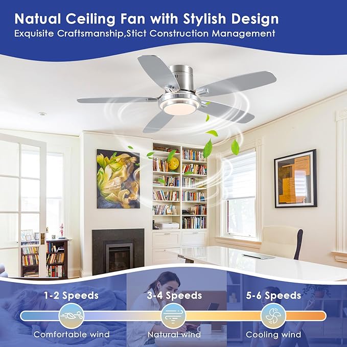 Low Profile Ceiling Fan with Lights and Remote/APP, 50 Inch Modern Flush Mount Ceiling Fan with 3CCT 6-Speeds Quiet DC Motor,Dimmable 3-Color Temperatures for Living Room Bedroom(Nickel)