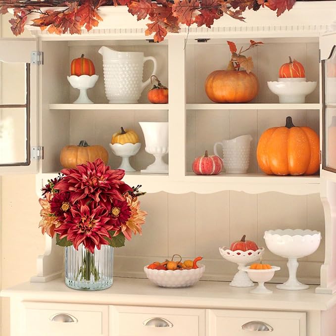 Briful Fake Fall Flowers with Vase, Artificial Fall Dahlia & Mum Silk Floral Arrangement with Glass Vase Faux Autumn Flowers Bouquet for Home Office Room Coffee Table Centerpiece Wedding Decoration