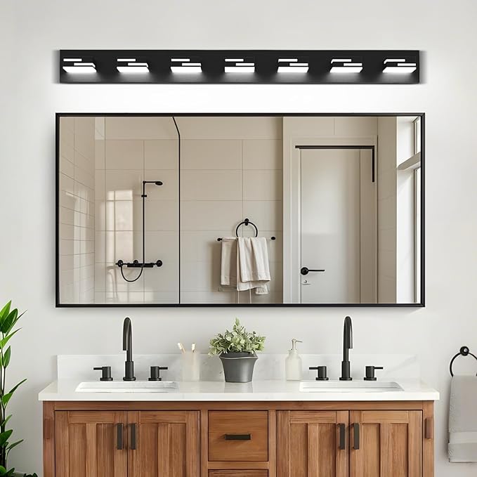 LED Modern Bathroom Vanity Light Fixtures, 7-Light 48-inch Dimmable Matte Black Vanity Lights for Bathroom Lighting Fixtures Over Mirror, with 350° Rotatable Acrylic Heads (Cool White 6000K)