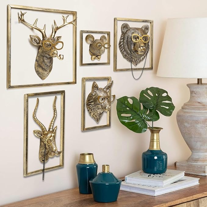 Animal Heads Wall Decor (5pcs, Includes Metal Frame) Resin Animals Sculptures Head Wall Hanging Decoration Gold vintage Wall Sculpture for Living Room Bedroom Office