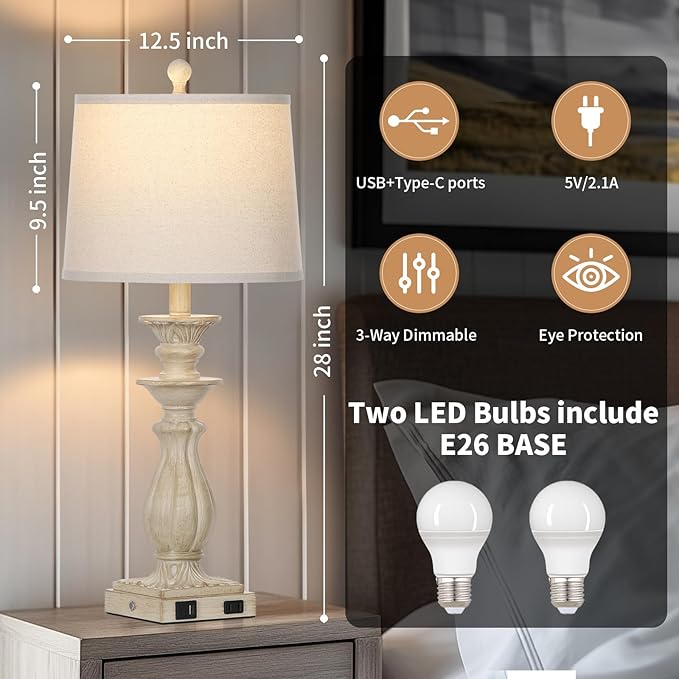 28" Farmhouse Table Lamps Set of 2 for Living Room, 3 Way Dimmable Bedside Lamp with USB C+A Ports & AC Outlet, Resin Vintage Tall Nightstand Lamps for Bedroom Office Hallway, Beige