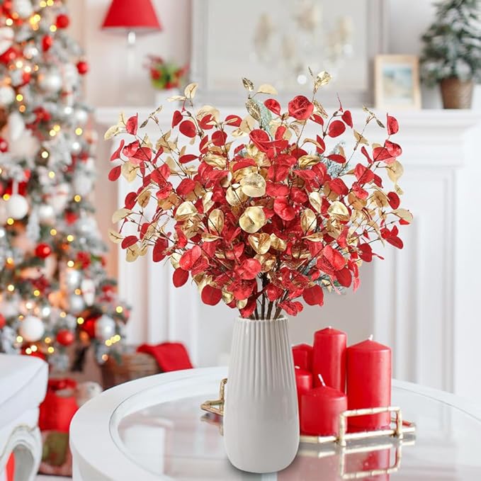 27.6’’ Christmas Artificial Flowers 6Pcs Red Gold Xmas Eucalyptus Stems for Table Centerpieces Faux Eucalyptus Leaves Branches for Christmas Floral Arrangements Home Farmhouse Party Decoration