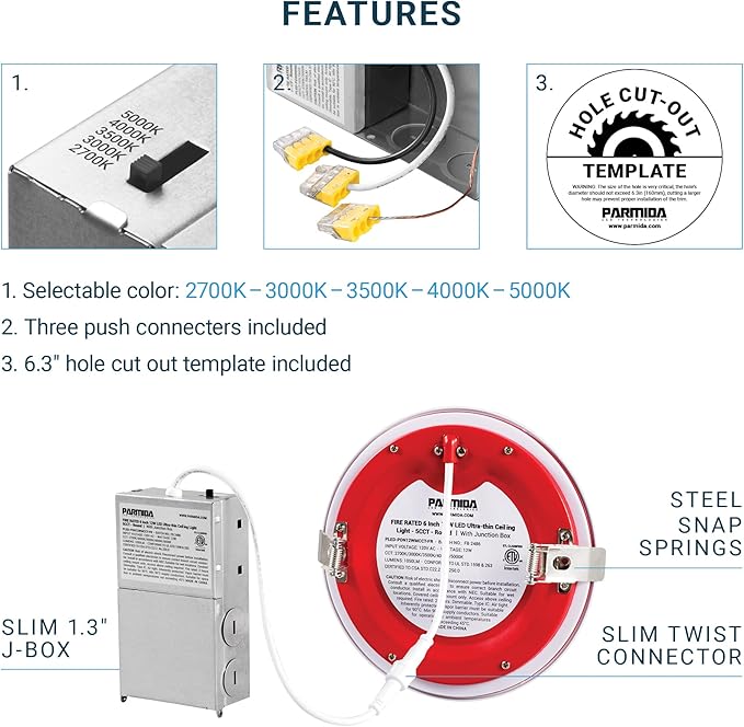 PARMIDA (6 Pack) 6 Inch 2HR Fire Rated LED Recessed Light, ETL, 5 Color Selectable 2700/3000/3500/4000/5000K, 12W Dimmable Ultrathin Canless Wafer Slim Panel Downlight, Wet/IC Rated, No Tenmat Needed