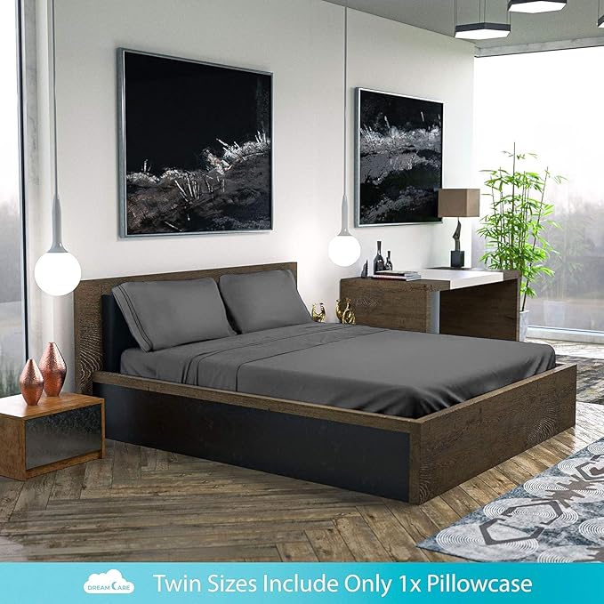 DREAMCARE Twin XL Sheet Set - Cooling Bed Sheets - 4pc Set - Deep Pocket - Soft & Long Lasting 100% Polyester with Side Pocket - Dark Gray