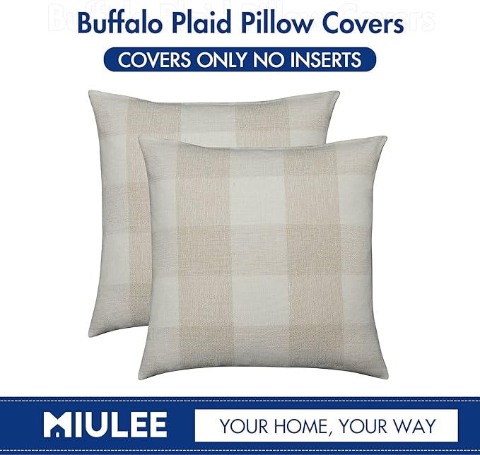 MIULEE Pack of 2 Farmhouse Buffalo Check Plaids Polyester Linen Soft Solid Cream White Decorative Throw Pillow Covers Home Decor Outdoor Cushion Case for Sofa Bedroom 16 x 16 Inch 40 x 40 cm