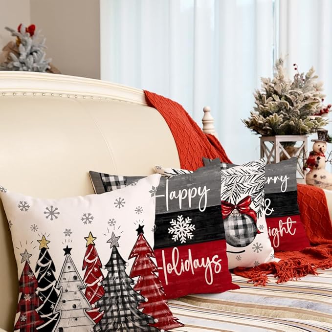 GEEORY Christmas Throw Pillow Covers 18 x 18 Inch Set of 4, Xmas Trees Merry and Bright Happy Holidays Farmhouse Decorative Cushion Cases for Home Decoration G418-18