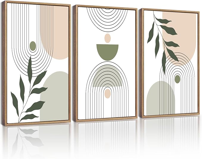 KUVIOKE Boho Green Sage Neutral Wall Art Framed Bohemain Botanical Geometric Modern Wall Decor Ready to Hang 12x16in (Natural Framed)