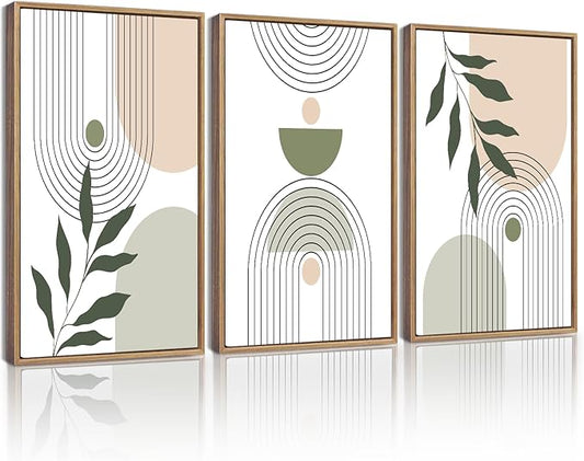 KUVIOKE Boho Green Sage Neutral Wall Art Framed Bohemain Botanical Geometric Modern Wall Decor Ready to Hang 11x14in (Natural Framed)