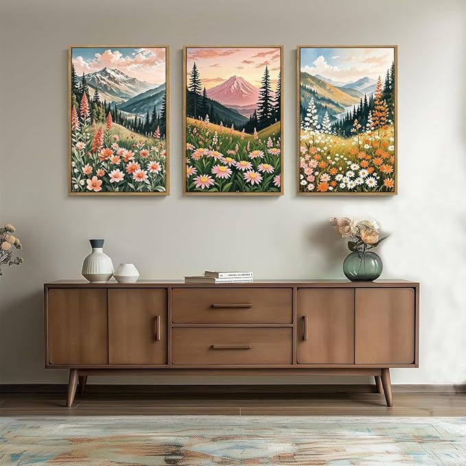 Extra Large Wildflower Wall Art Boho Wildflower Wall Decor 24x36 Inch Colorful Mountain Wall Art Set of 3 for Living Room Bedroom Dining Room