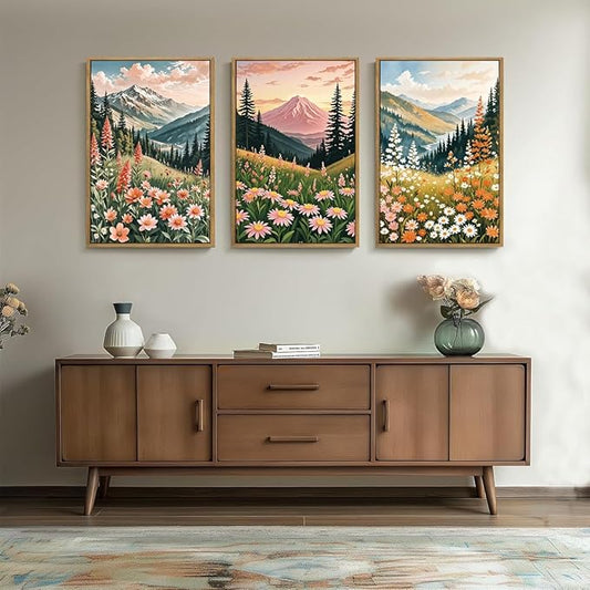 Extra Large Wildflower Wall Art Boho Wildflower Wall Decor 24x36 Inch Colorful Mountain Wall Art Set of 3 for Living Room Bedroom Dining Room