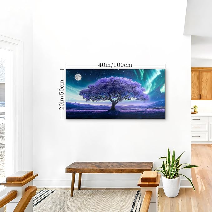 crmotu Tree of Life Large Wall Art, Space Fantasy Landscape Canvas Painting, Purple Tree Abstract Art Prints, Modern Aurora Scenery Pictures Wall Decor Living Room Bedroom Bathroom Office 20X40in