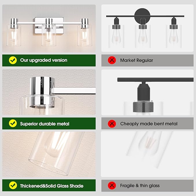 3-Light Modern Vanity Light Fixtures Over Mirror, Polished Chrome Bathroom Light Fixtures, Vanity Lights, Wall Sconce with Clear Glass Shade for Bathroom, E26 Base