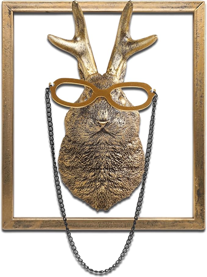 Animal Heads Wall Decor (Includes Metal Frame) Resin Animals Sculptures Head Wall Hanging Decoration Gold vintage Wall Sculpture for Living Room Bedroom Office(Jackalope)