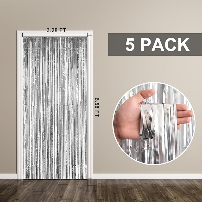 5 Pack Foil Curtain Backdrop Silver Metallic Tinsel Foil Fringe Curtains Photo Booth Props for Birthday Wedding Engagement Baby Shower Bachelorette Christmas Holiday Celebration Party Decorations