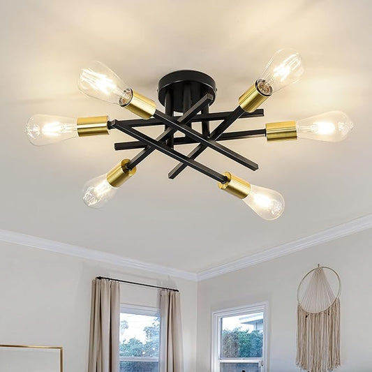 6-Lights Sputnik Semi Flush Mount Ceiling Light Fixture Modern Metal Black and Gold Chandeliers with E26 Bulb Base Close to Ceiling Light for Kitchen Dining Room Living Room Hallway Bedroom