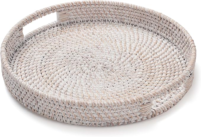 11.8 inch Round Rattan Tray, Decorative Coffee Table Trays, Ottoman Tray, Woven Serving Tray with Handles, Wicker Serving Basket, Whitewash