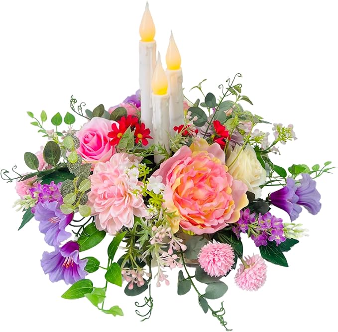 Spring Summer Floral Arrangement Centerpiece for Table with Artificial Peonies Flowers Rose Morning Glory Taper Flameless Candles for Dining Room Wedding All Season