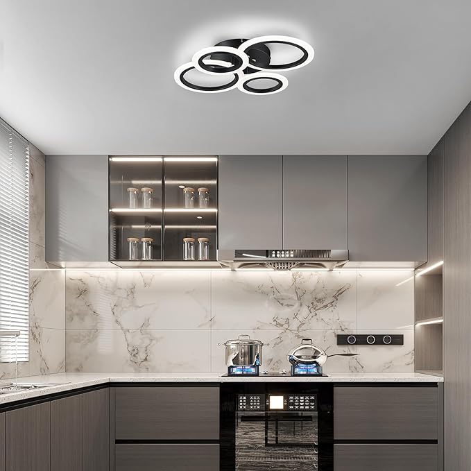 Modern LED Ceiling Light, Black 4 Rings Flush Mount Ceiling Light, 4000K Lighting Fixture Ceiling Lamp for Kitchen, Bedroom, Living Room, Laundry Room