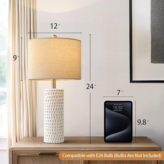 PORTRES 24" Farmhouse Ceramic Table Lamp Set of 2 for Bedroom Living Room White Desk Decor Bedside Lamps for Study Room Office Dorm Modern Accent Nightstand Lamp End Table Lamps