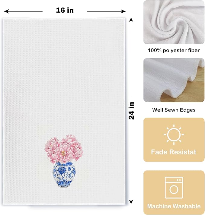 Chinoiserie Blue and White Porcelain Kitchen Towels Set of 2, Chinoiserie Decor Dish Towels for Kitchen, Pink Floral Chinoiserie Decorative Hand Towels for Bathroom Kitchen, 16x24 Inches