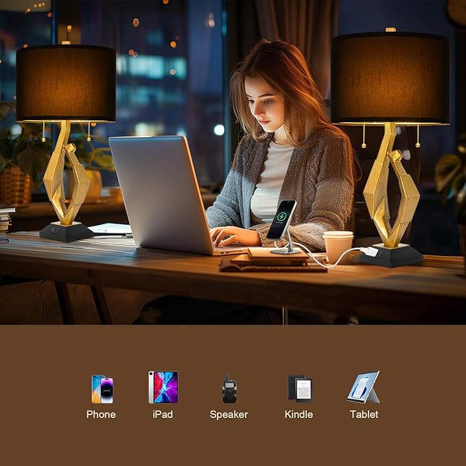 Sculptural Table Lamp Set of 2 with USB Ports For Living Room, Gold Leaf Finish Farmhouse Bedside Lamps with S Cluster Pull Chains Switch for Bedroom, Rustic Nightstand Lamp for Office, Hotel, Bar