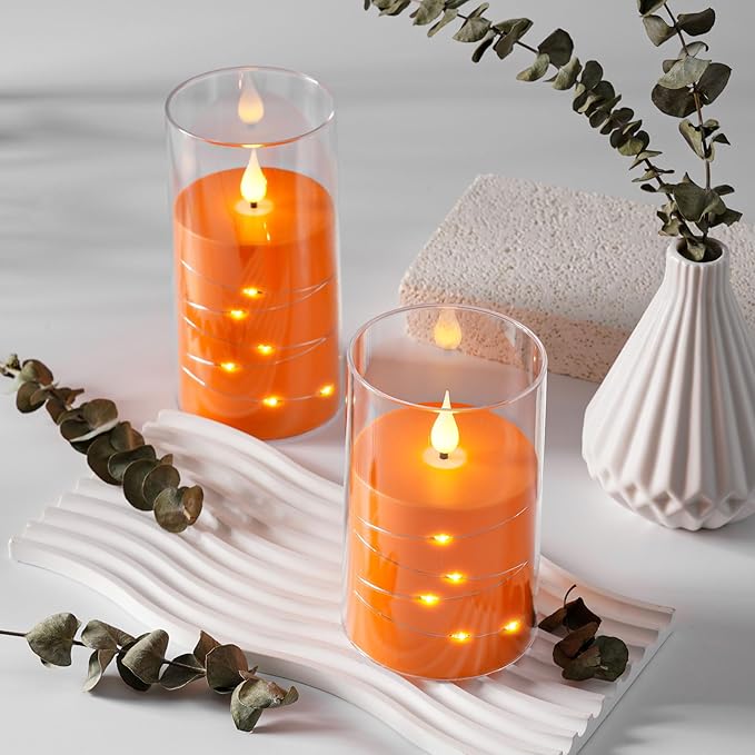 Da by Flickering Flameless Candles with Remote,Acrylic LED Candles with Embedded Star String,Battery Operated Candle, for Home and Holiday Decoration Set of 3（Orange）