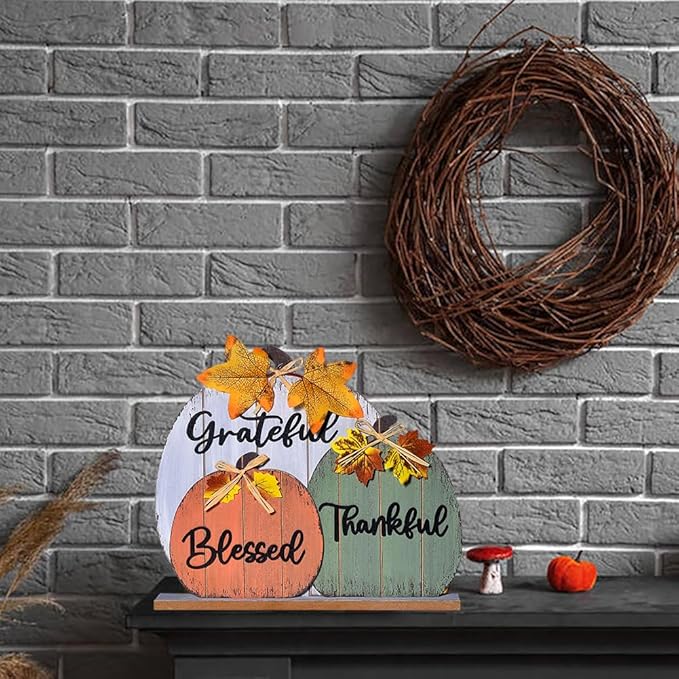 Fall Decoration Signs, Grateful Blessed Thankful Fall Decor for Fireplace and Tabletop Centerpiece Cozy Wooden Rustic Pumpkin Design for Halloween, Thanksgiving, and Autumn Holiday Indoor (3pcs)