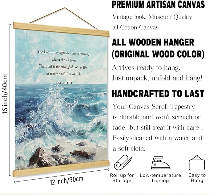 Christian Canvas Poster, Psalm 27:1 Canvas Poster Wood Hanger, Christian Wall Art, Bible Verse Posters, William Morris Prints Decor, Ocean Watercolor Decors, Home Decor Accent