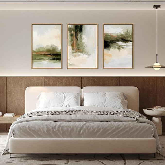 KAIRNE 3Pc Green Abstract Neutral Framed Canvas Wall Art Set, Modern Watercolor Shapes Wall Decor, Minimalist Pastel Wall Painting, Brown, Gray Tan for Living Room, Bedroom, Office 16x24 Inch