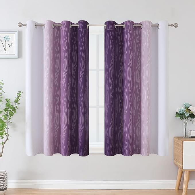 Estelar Textiler Purple and Greyish White Blackout Curtains 45 Inch Length, Light Blocking Gradient Drapes for Kitchen, Thermal Insulated Grommet Ombre Curtains for Bathroom,52Wx45L,2 Panels