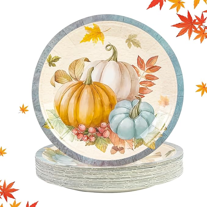 50PCS Fall Pumpkins Paper Plates - 7Inch Autumn Theme Dessert Plate for Cake Salad Pizza Pumpkin Maple Leaf Tableware Set Disposable Decoration Supplies for Autumn, Thanksgiving Party