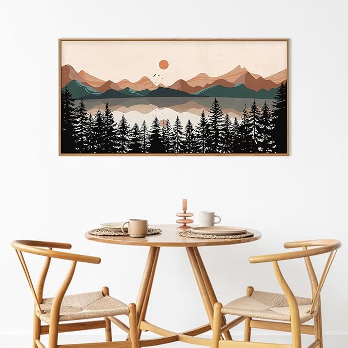 KAIRNE Mountain Framed Canvas Wall Art, Mid Century Modern Decor, Boho Wall Art Painting, Lake Pines Tree Sunset Nature Landscape Art Print for Living Room, Bedroom, Office, Dining Room- 20"x40"x1