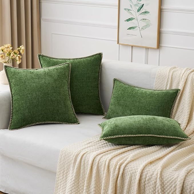 MIULEE Pack of 2 Christmas Couch Pillow Covers 18x18 Inch Moss Green Farmhouse Decorative Throw Pillow Covers with Stitched Edge Soft Chenille Solid Dyed Pillow Covers for Sofa Bed Living Room