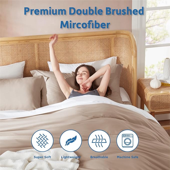 Nestl Full Duvet Cover Set with Comforter Insert - Khaki 4 Piece 80x90 Duvet Cover & 2 Pillow Shams with White Quilted Down Alternative Comforter, Ultra Soft, All Season