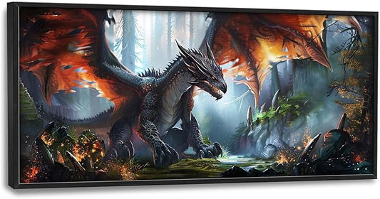 Dragon Large Framed Wall Art Oversized Western Fire Dragon Pictures Wall Decor Cool Animal Canvas Print Painting Aesthetic Modern Artwork for Living Room Bedroom Office Bathroom Home Decor 60L x30W